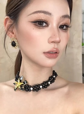 黑色双层串珠花朵项链女