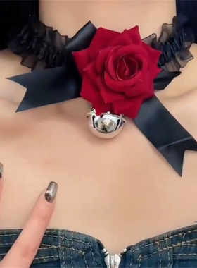 黑暗黑色蝴蝶结玫瑰铃铛项链