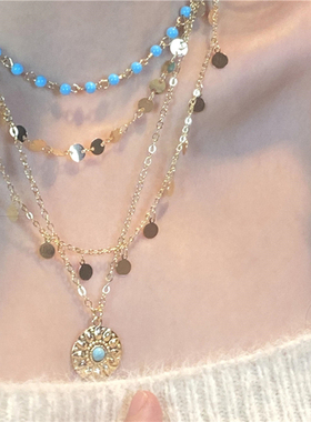 复古金色亮片花盘吊坠项链