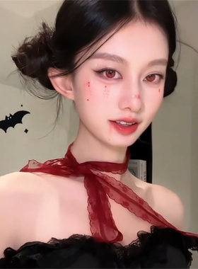 纯欲红色蕾丝花边丝巾女