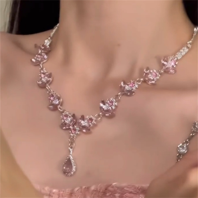 超闪粉色水滴锆石花朵项链