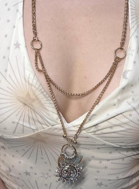 中古夸张月亮太阳皮绳项链