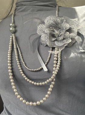 长款气质珍珠蕾丝花项链