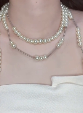 法式长款多层珍珠项链女