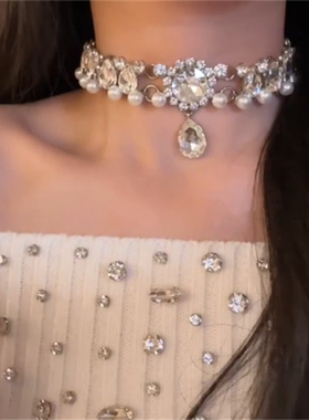 闪钻珍珠锆石项链女锁骨链