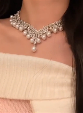 镶钻珍珠项链耳环套装女