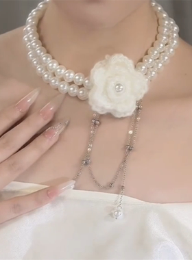 白色玫瑰花流苏珍珠项链