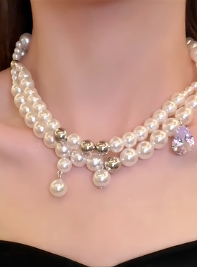 复古闪锆双层珍珠项链