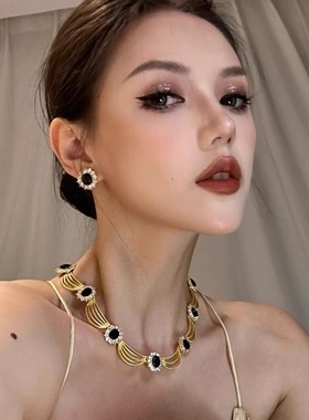 锁骨链椭圆几何水钻项链欧美复古