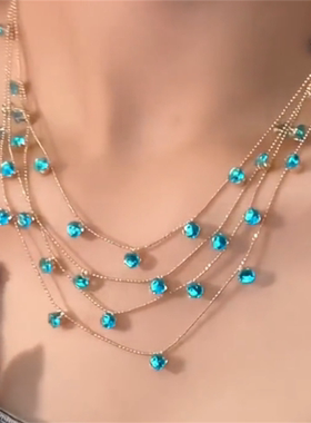 爆闪蓝色多层锆石项链女