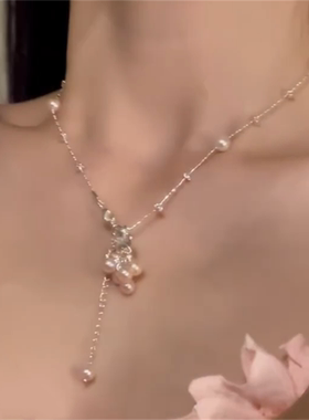 珍珠抽拉绳长款项链锁骨链女