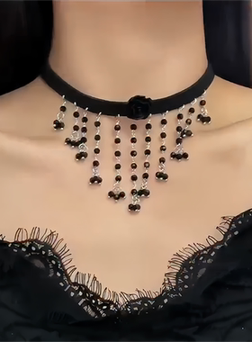 黑色玫瑰花流苏项链女