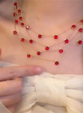 复古红宝石叠戴项链女