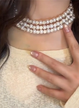 三层不规则珍珠闪钻项链耳环套装