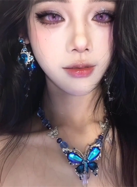 蓝色流苏水晶蝴蝶项链女choker