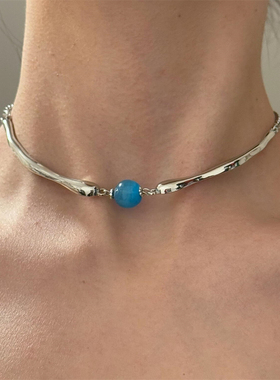 蓝色圆珠choker项链女