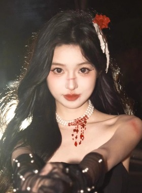 红色水晶流苏珍珠项链辣妹风