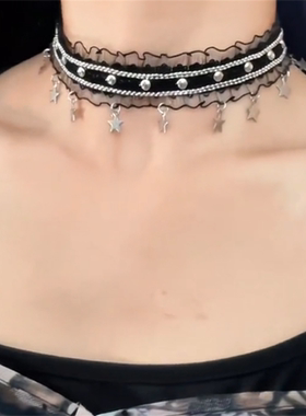 黑色蕾丝锚钉五星项链