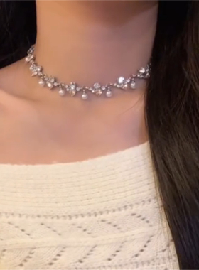 方形闪钻珍珠爱心项链