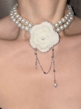 白色双层珍珠山茶花吊坠项链