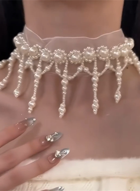 珍珠流苏蕾丝choker项链女