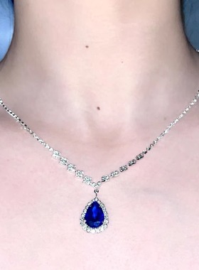 镶钻蓝色水滴锆石项链女