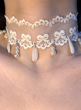 蕾丝蝴蝶结珍珠项链女