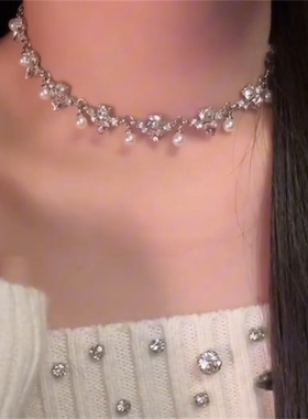 镶钻方形爱心珍珠项链女