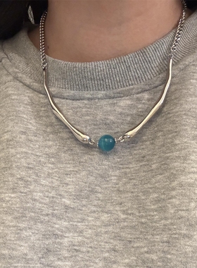 蓝色猫眼石金属拼接项链女