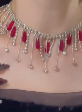 闪锆红水钻流苏choker项链