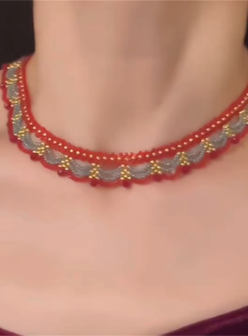 红蓝撞色蕾丝串珠choker古着项链