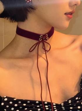 红色丝绒蝴蝶结绑带项链女