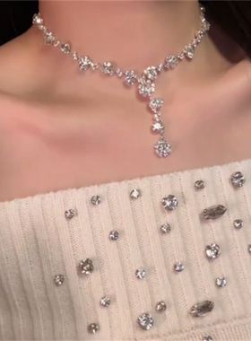 银色满钻锆石流苏项链耳环套装