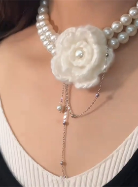 双层珍珠花朵项链女款