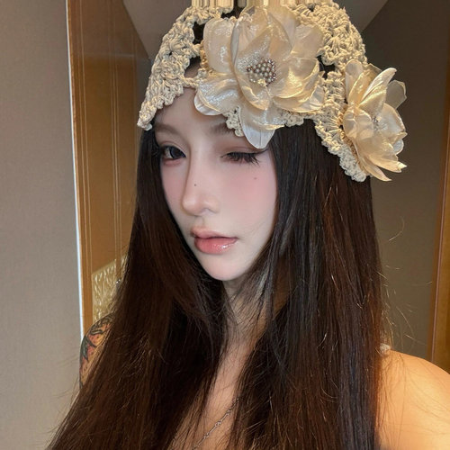 韩系镂空珍珠花朵手工针织帽子