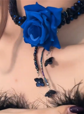 蓝色玫瑰花多层串珠项链
