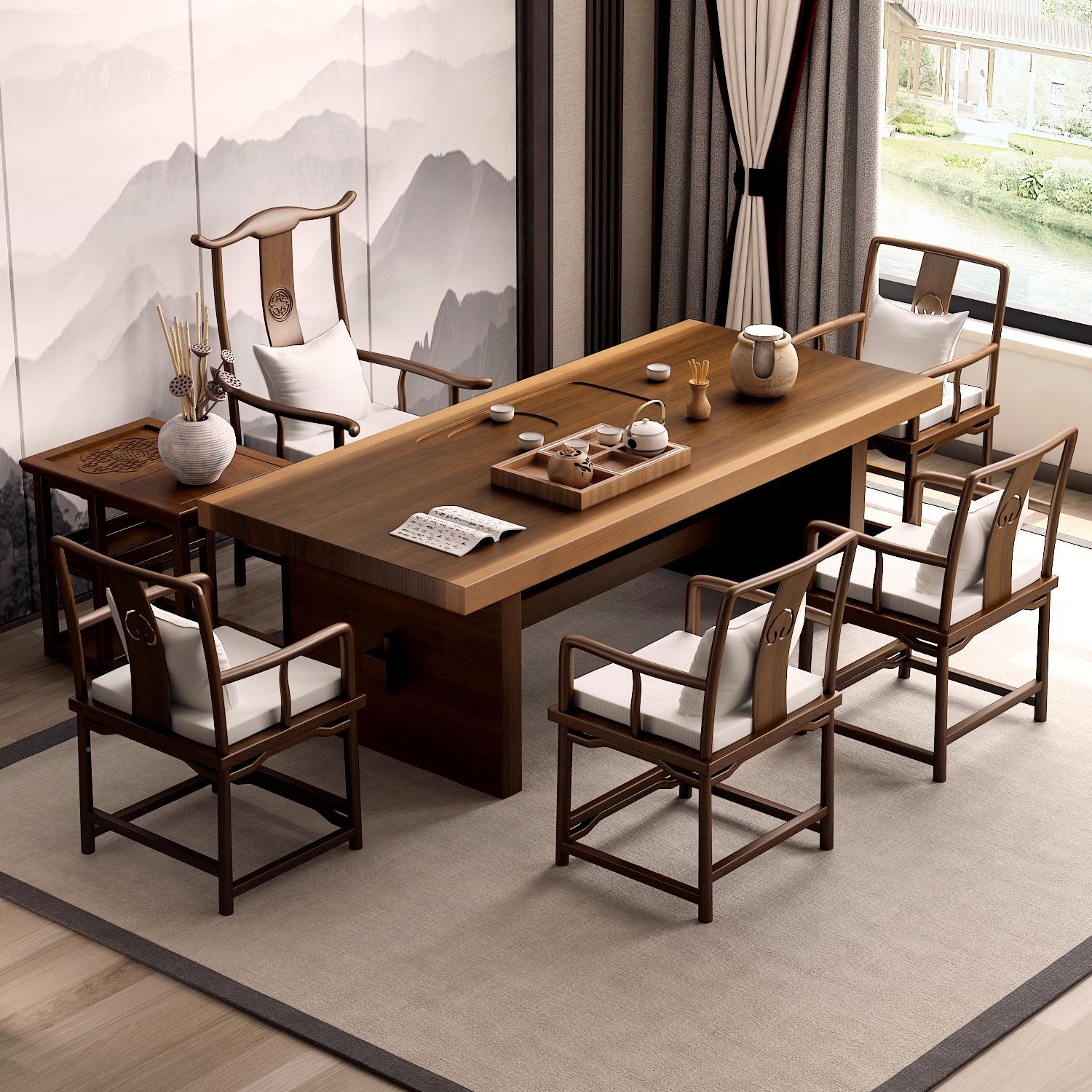 新APD中式仿待实组木茶桌接室大板洽谈茶桌椅合客厅古会客禅意泡