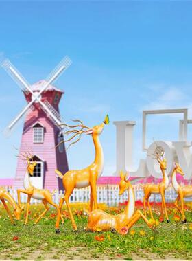 户外抽象梅花鹿玻璃钢雕塑售楼部小区草坪园林白色鹿造景模型摆件