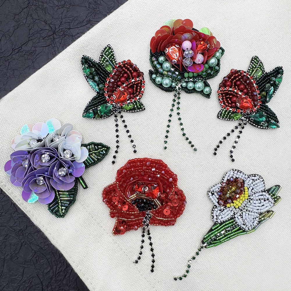 立体新款玫瑰花手工亮片花朵吊饰链条补丁装饰衣服帽子包包手缝款