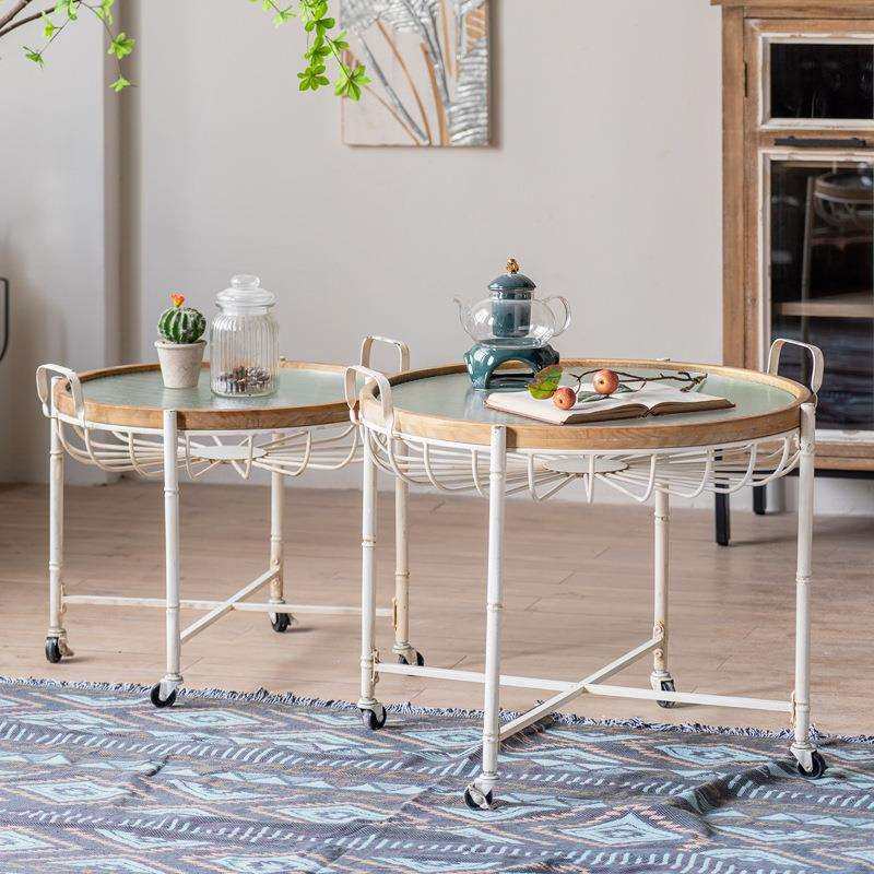 美式复古铁艺茶几做旧可移动角几圆桌家居民宿装饰客厅沙发边几