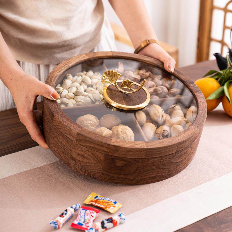 胡桃木实木桌面分格收纳盒干果盒带盖木质食盒茶点盒多层储物大人