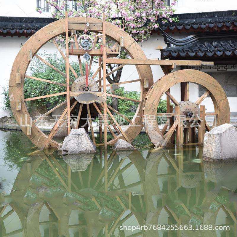 大型电力转动景观水车户外防腐木钢木脚踏流水灌溉农田动态水车
