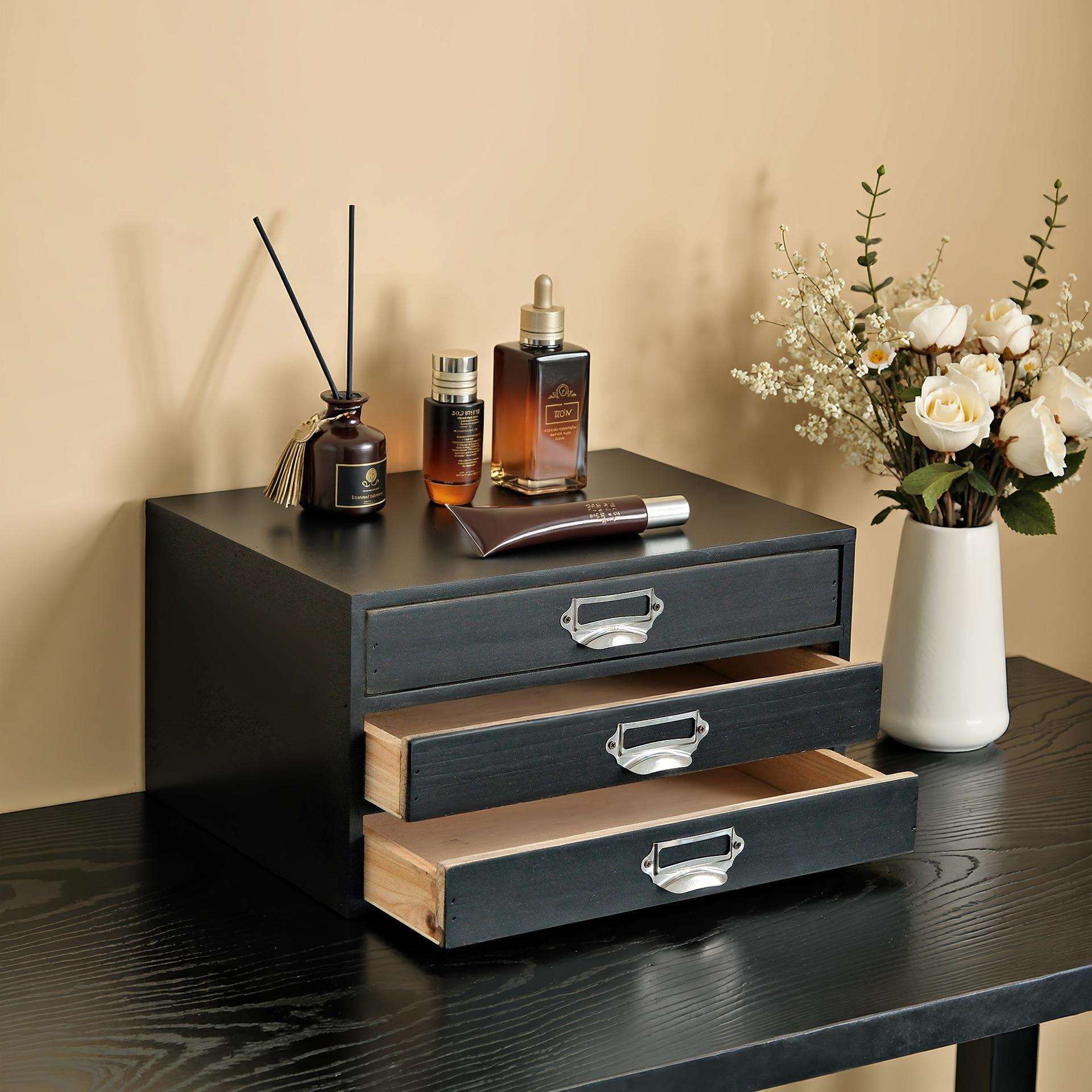 欧式复古实木抽屉式首饰储物店铺装饰柜多功能办公室A4桌面收纳盒