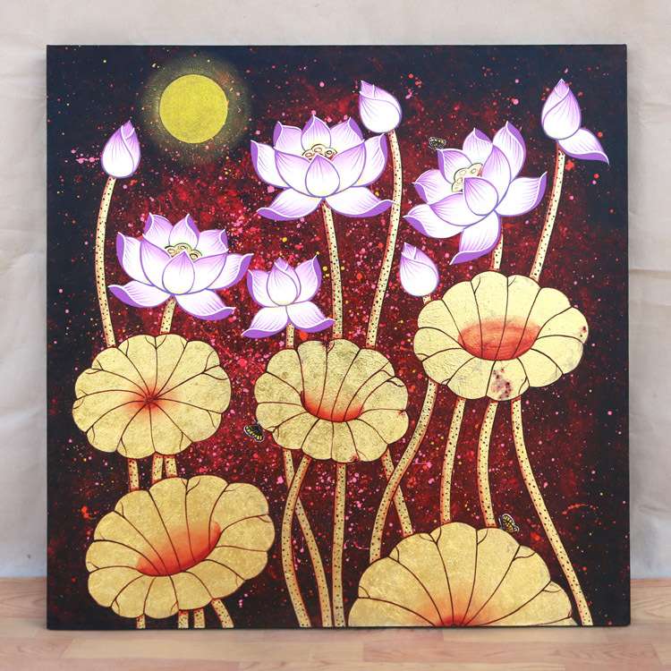 泰国金箔荷花画现代简约装饰画欧式餐厅卧室壁画美式玄关客厅挂画图片