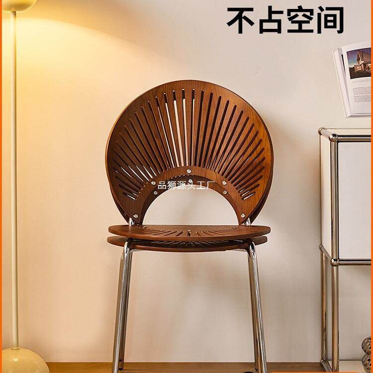 AL实木餐椅贝壳椅家用简约靠背餐桌椅子复古中古茶桌轻奢感木