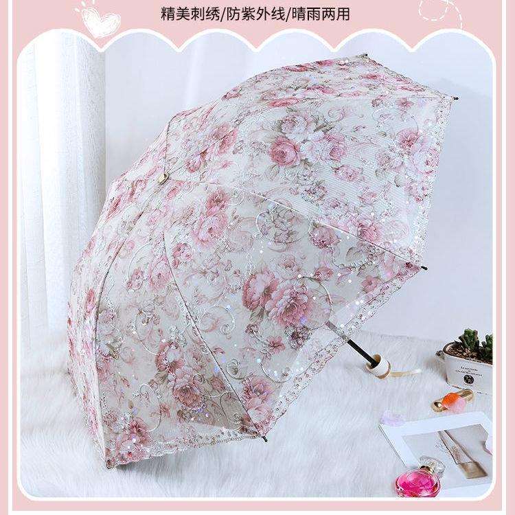 太阳伞花边隔热双层女士学生黑胶蕾丝刺绣两用防晒遮易恒