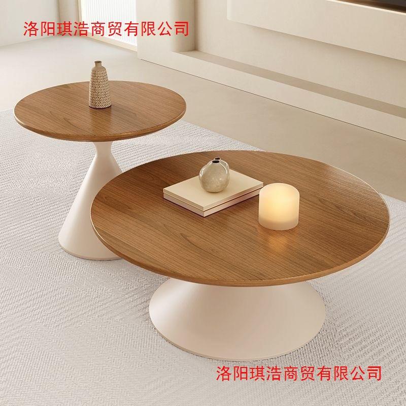 奶油风网红圆形茶几家用设计师小户型茶几现代实木民宿简约圆茶几