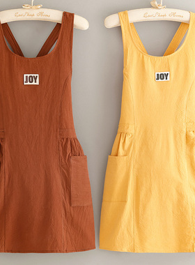 舒适柔软棉皱背带围裙防污耐脏厨房做饭男女款清新可外穿上班罩衣