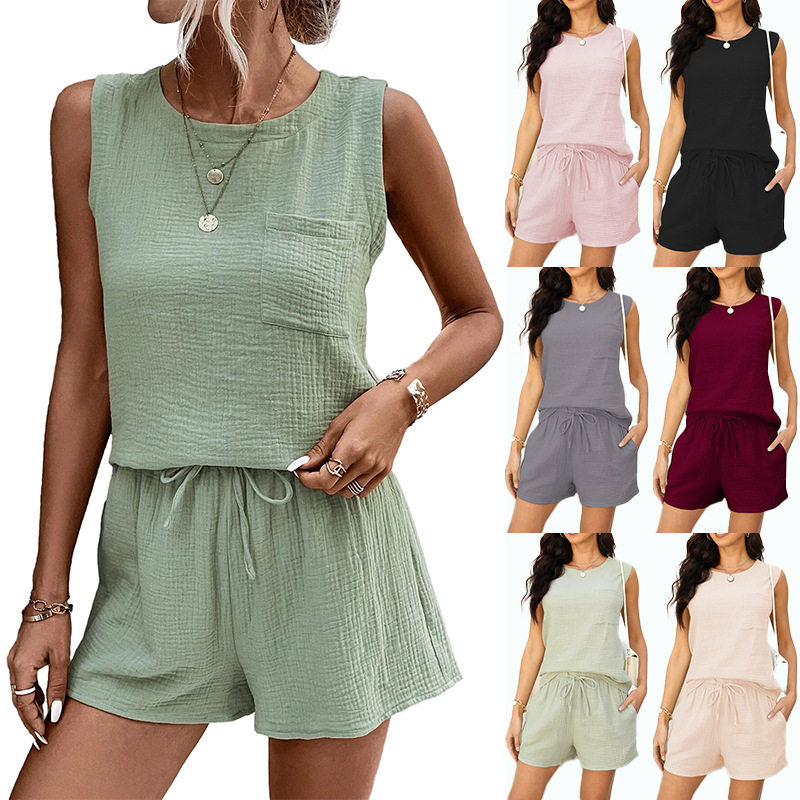 纯色夏新款圆领无袖口袋女T恤短裤女套装Sleeveless women's suit