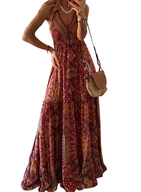 Women's V-neck printed suspender dress   V领印花吊带连衣长裙